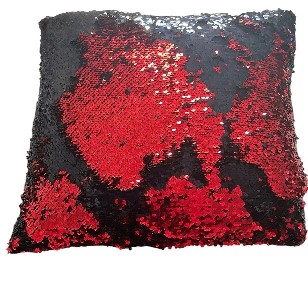 Red and black flip sequin throw pillow 16” square decorative glam goth EUC
